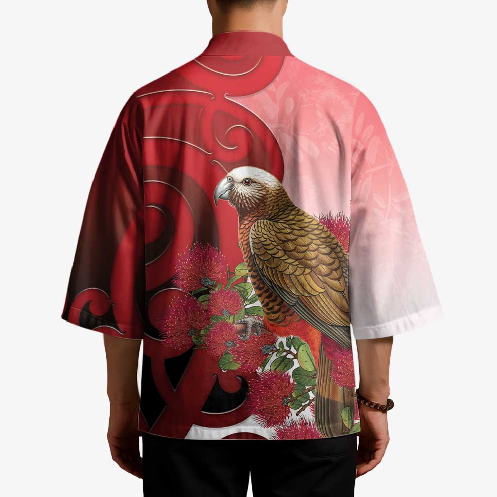 New Zealand Parrot Kaka Kimono Maori Koru With Pohutukawa Flowers - Polynesian Pride