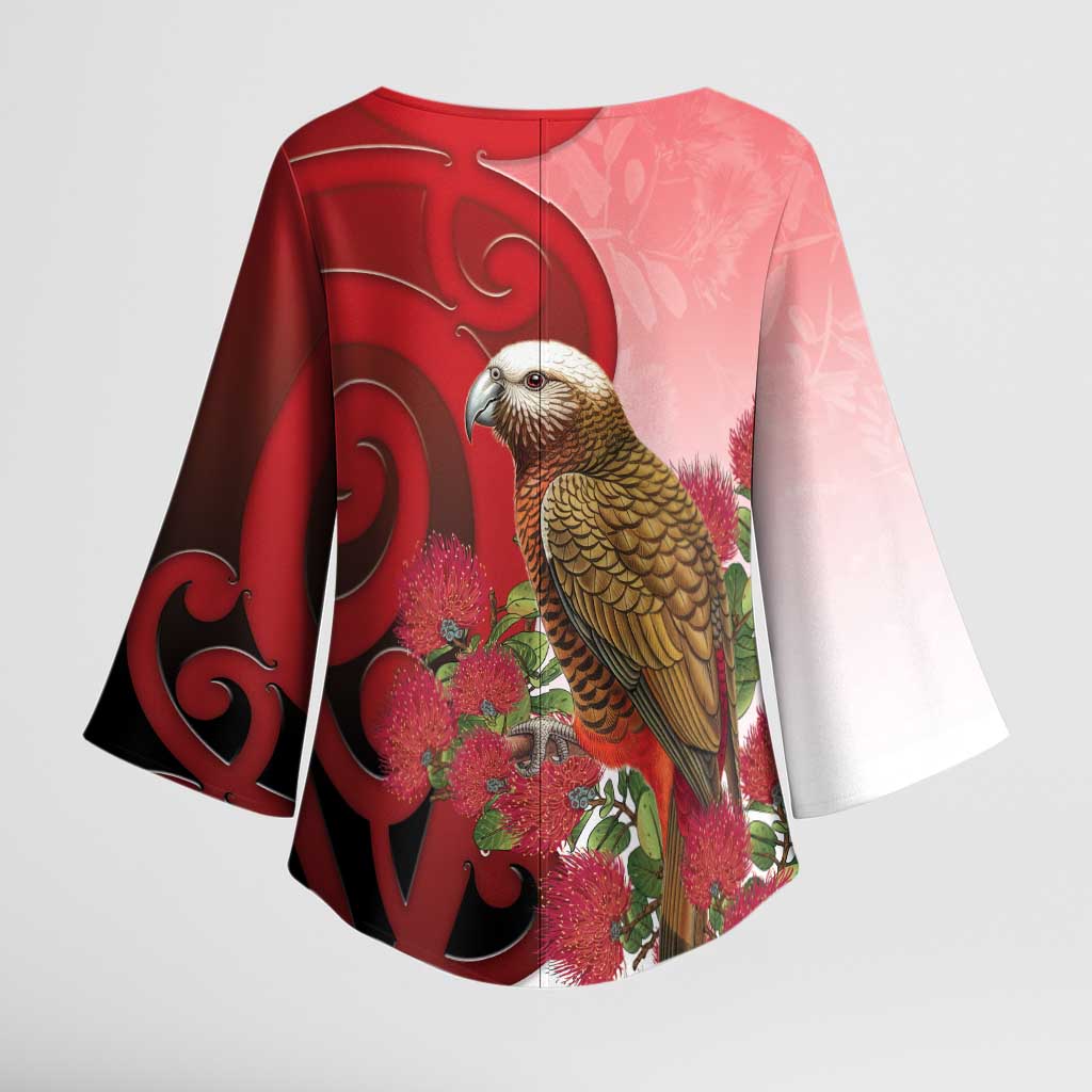 New Zealand Parrot Kaka Kimono Sleeve Blouse Maori Koru With Pohutukawa Flowers LT05 - Polynesian Pride