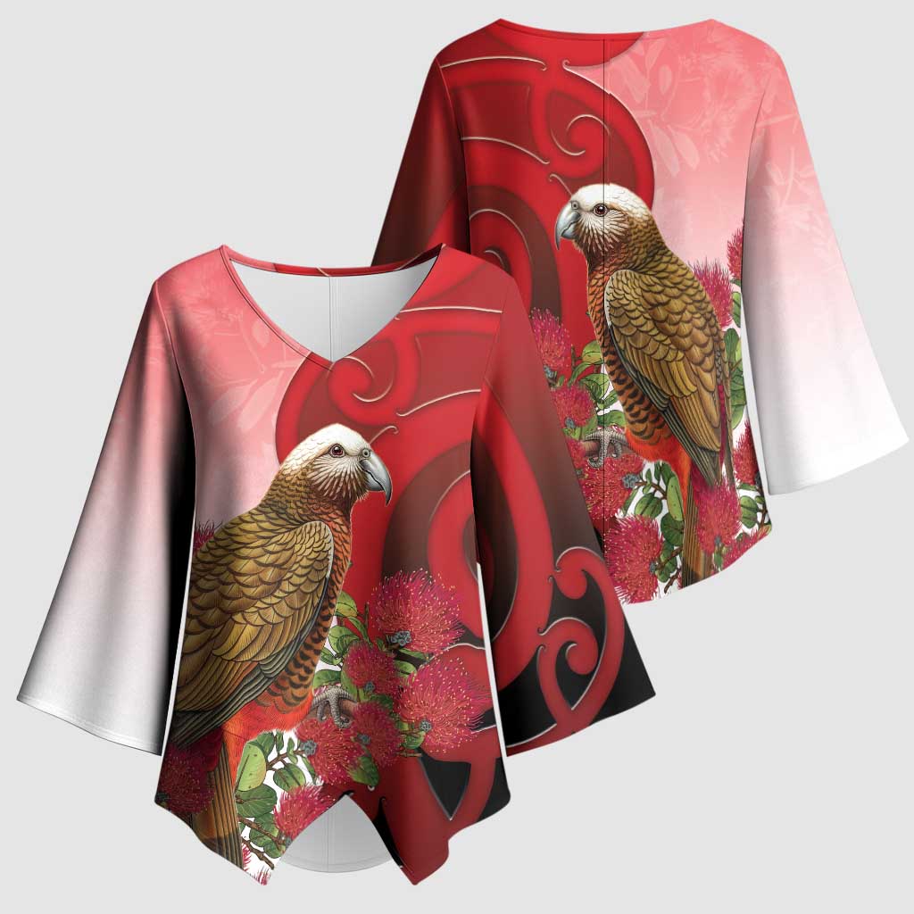 New Zealand Parrot Kaka Kimono Sleeve Blouse Maori Koru With Pohutukawa Flowers LT05 - Polynesian Pride