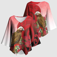 New Zealand Parrot Kaka Kimono Sleeve Blouse Maori Koru With Pohutukawa Flowers LT05 - Polynesian Pride