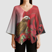 New Zealand Parrot Kaka Kimono Sleeve Blouse Maori Koru With Pohutukawa Flowers LT05 - Polynesian Pride