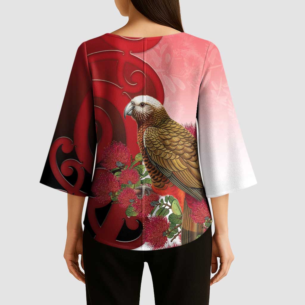 New Zealand Parrot Kaka Kimono Sleeve Blouse Maori Koru With Pohutukawa Flowers LT05 - Polynesian Pride