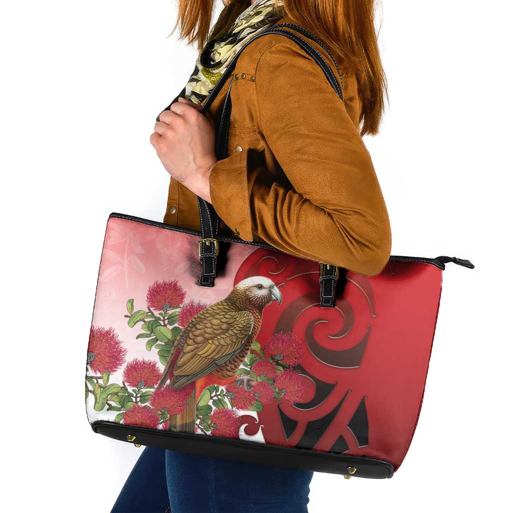 New Zealand Parrot Kaka Leather Tote Bag Maori Koru With Pohutukawa Flowers LT05 Red - Polynesian Pride