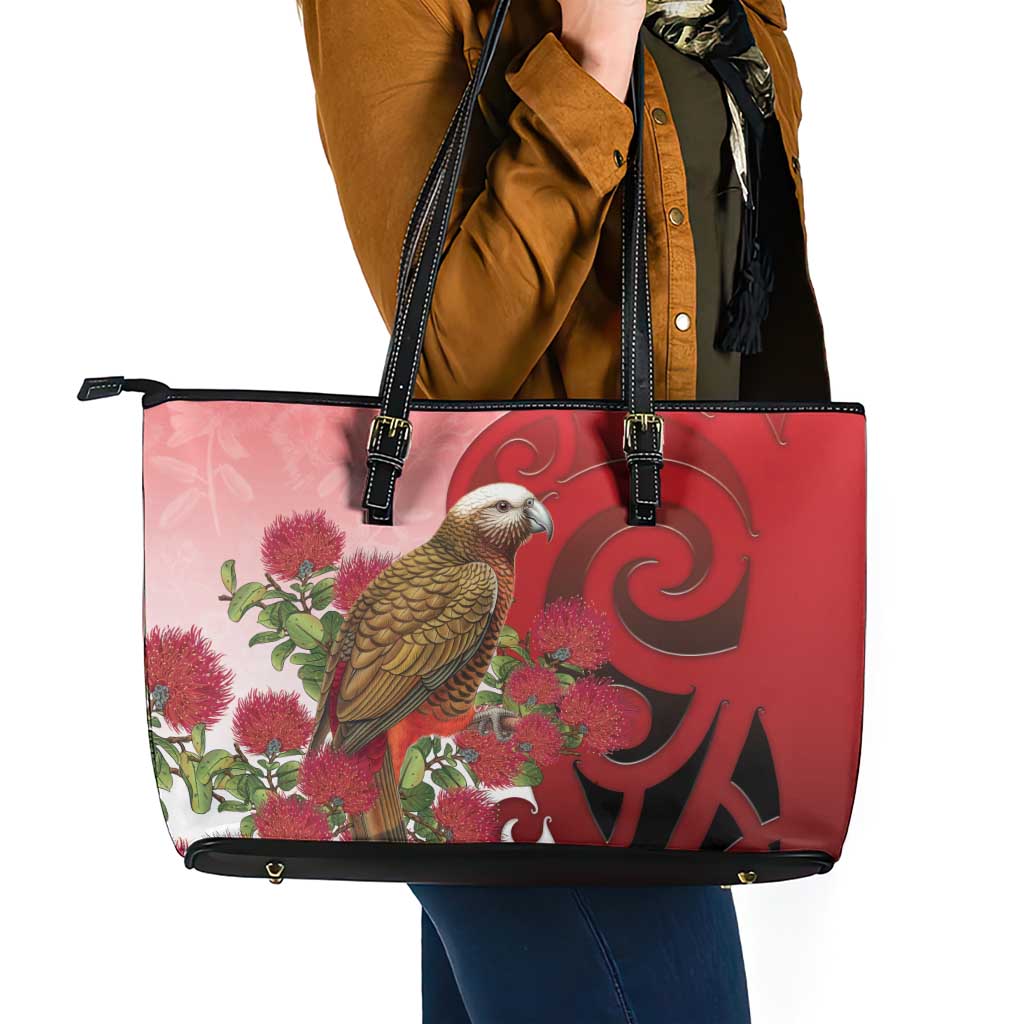 New Zealand Parrot Kaka Leather Tote Bag Maori Koru With Pohutukawa Flowers LT05 - Polynesian Pride