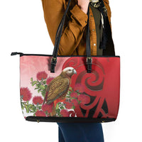 New Zealand Parrot Kaka Leather Tote Bag Maori Koru With Pohutukawa Flowers LT05 - Polynesian Pride