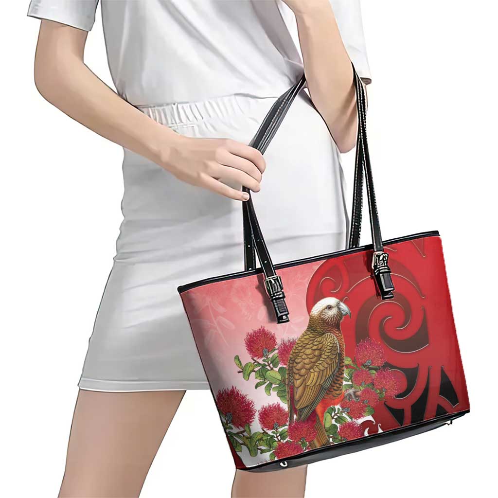 New Zealand Parrot Kaka Leather Tote Bag Maori Koru With Pohutukawa Flowers LT05 - Polynesian Pride