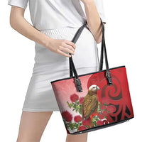 New Zealand Parrot Kaka Leather Tote Bag Maori Koru With Pohutukawa Flowers LT05 - Polynesian Pride