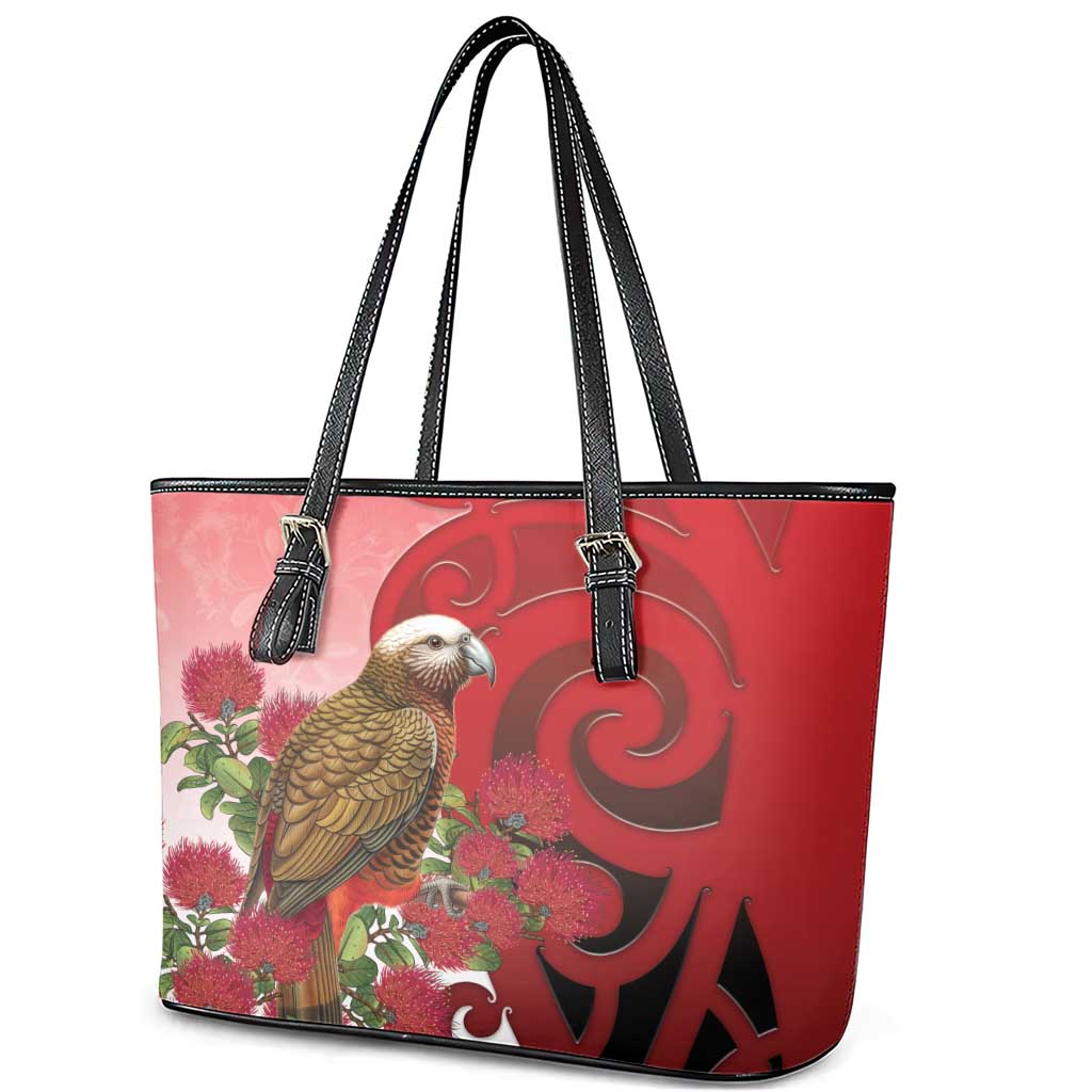 New Zealand Parrot Kaka Leather Tote Bag Maori Koru With Pohutukawa Flowers LT05 - Polynesian Pride