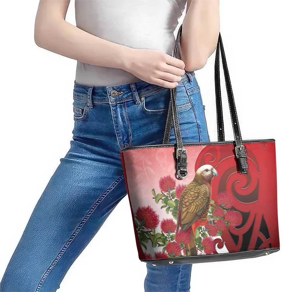 New Zealand Parrot Kaka Leather Tote Bag Maori Koru With Pohutukawa Flowers LT05 - Polynesian Pride