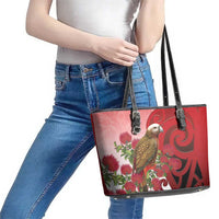 New Zealand Parrot Kaka Leather Tote Bag Maori Koru With Pohutukawa Flowers LT05 - Polynesian Pride