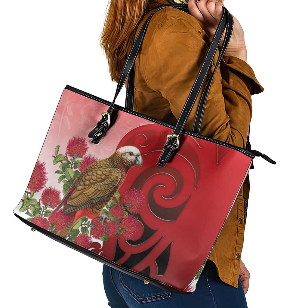 New Zealand Parrot Kaka Leather Tote Bag Maori Koru With Pohutukawa Flowers LT05 - Polynesian Pride