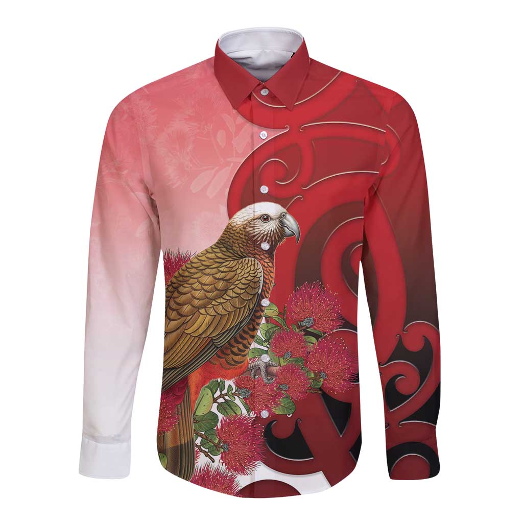 New Zealand Parrot Kaka Long Sleeve Button Shirt Maori Koru With Pohutukawa Flowers LT05 Unisex Red - Polynesian Pride