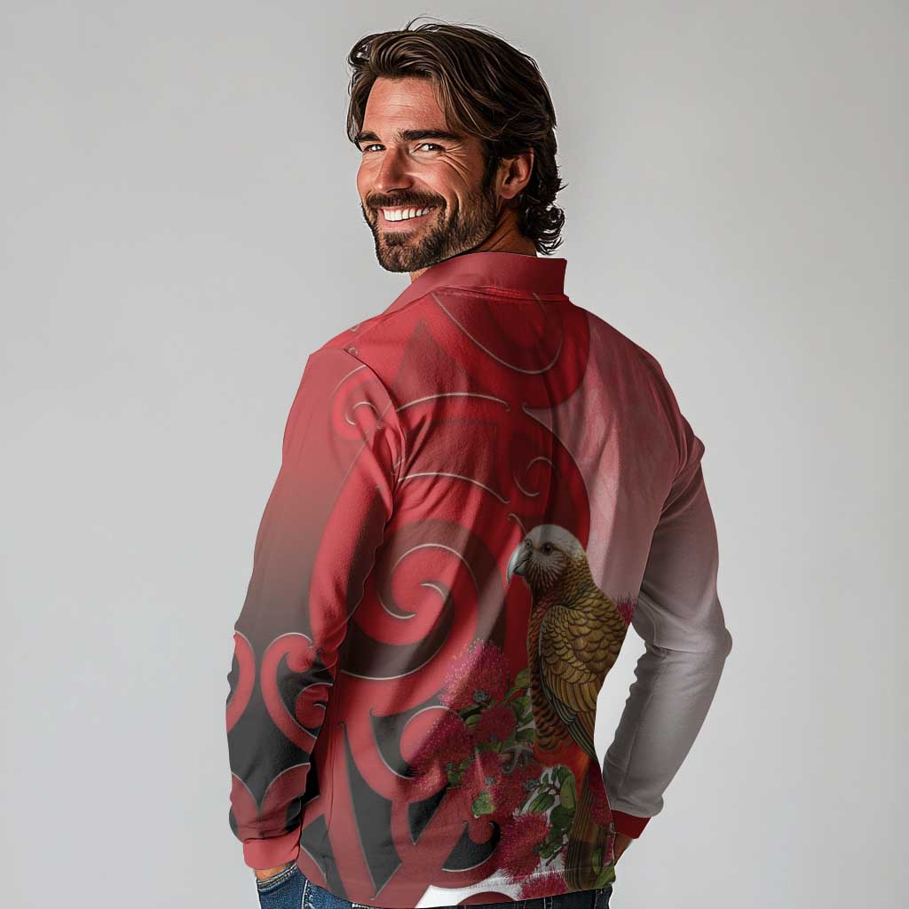 New Zealand Parrot Kaka Long Sleeve Polo Shirt Maori Koru With Pohutukawa Flowers LT05 - Polynesian Pride