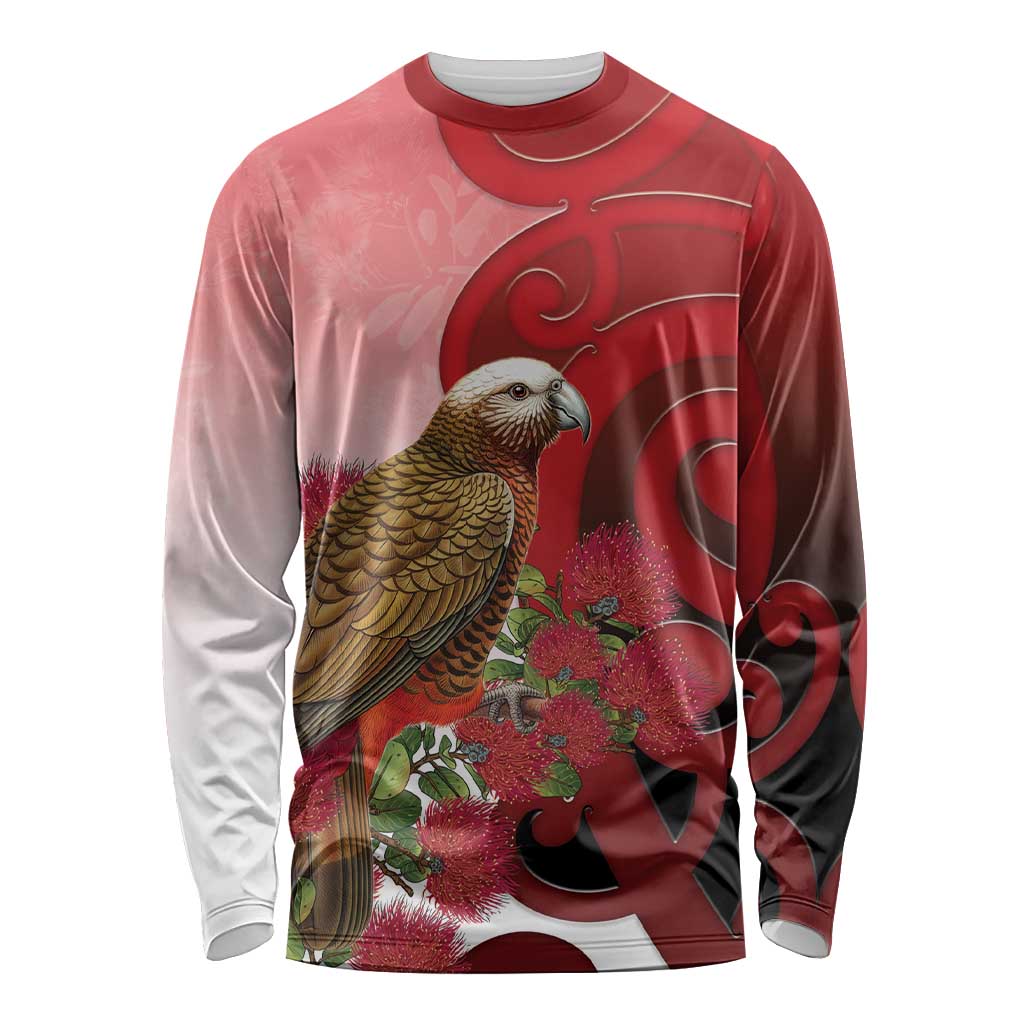 New Zealand Parrot Kaka Long Sleeve Shirt Maori Koru With Pohutukawa Flowers - Polynesian Pride