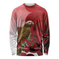 New Zealand Parrot Kaka Long Sleeve Shirt Maori Koru With Pohutukawa Flowers LT05 Unisex Red - Polynesian Pride