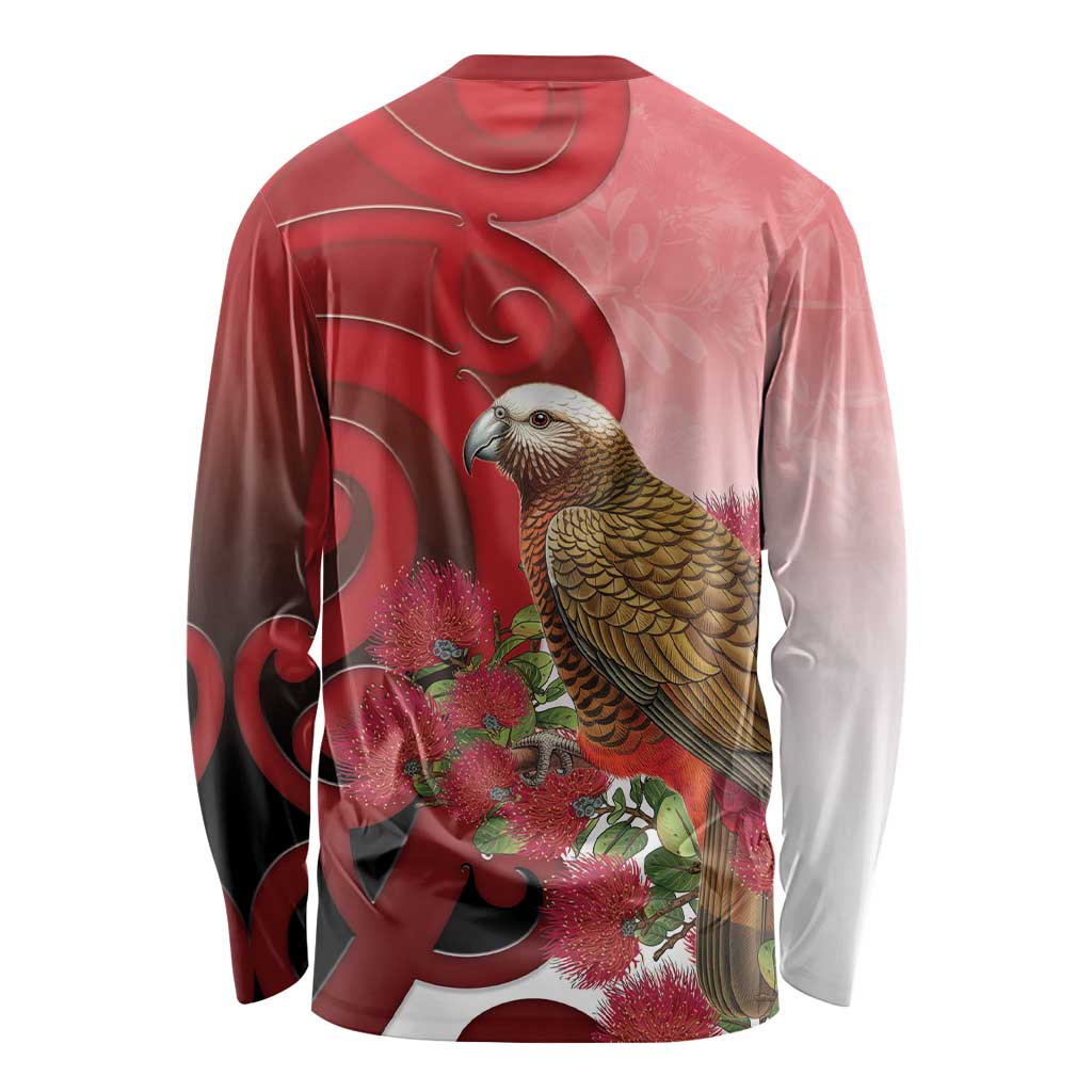 New Zealand Parrot Kaka Long Sleeve Shirt Maori Koru With Pohutukawa Flowers LT05 - Polynesian Pride