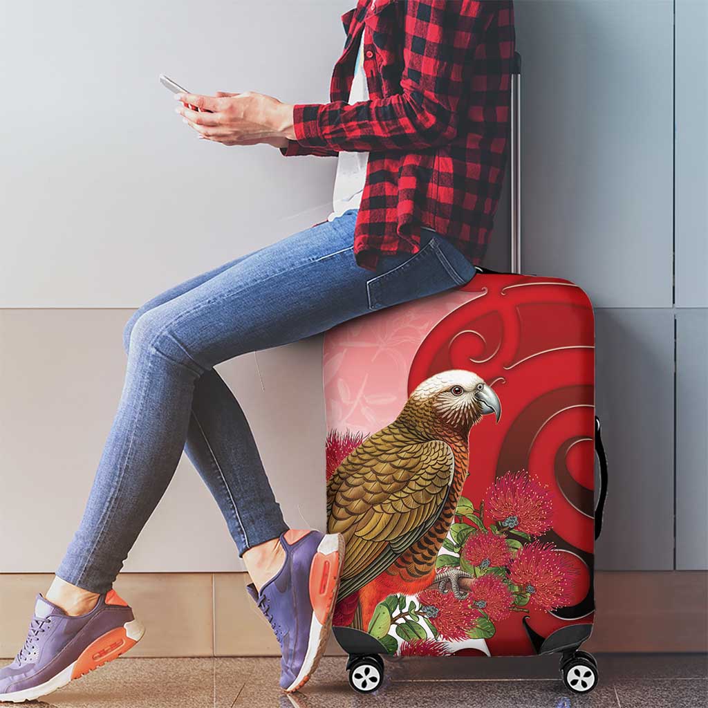 New Zealand Parrot Kaka Luggage Cover Maori Koru With Pohutukawa Flowers - Polynesian Pride