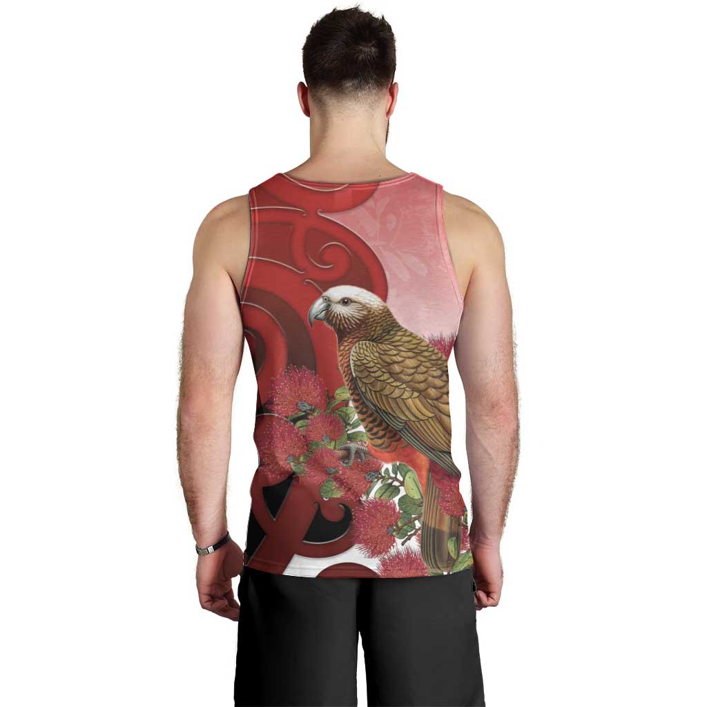 New Zealand Parrot Kaka Men Tank Top Maori Koru With Pohutukawa Flowers LT05 - Polynesian Pride