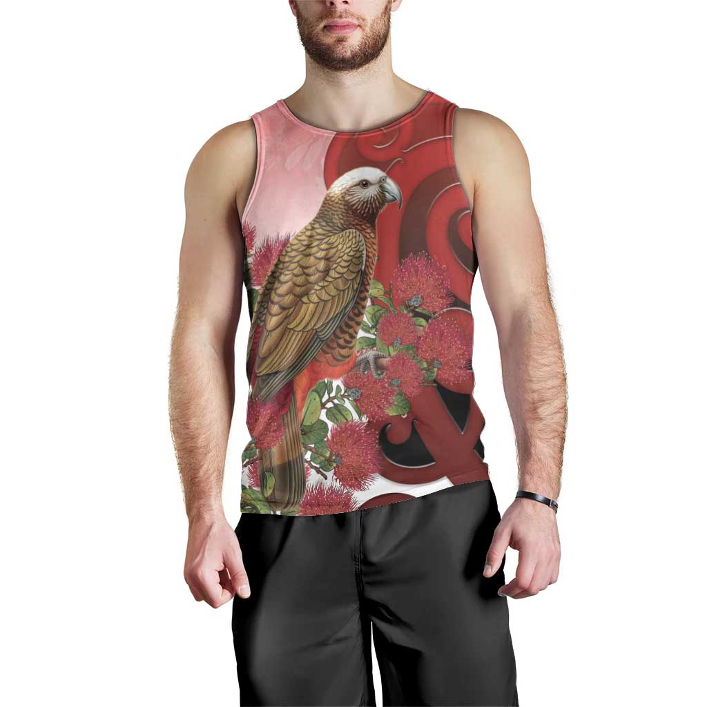 New Zealand Parrot Kaka Men Tank Top Maori Koru With Pohutukawa Flowers LT05 - Polynesian Pride