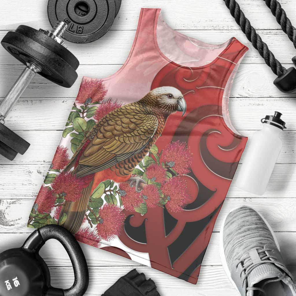 New Zealand Parrot Kaka Men Tank Top Maori Koru With Pohutukawa Flowers LT05 - Polynesian Pride