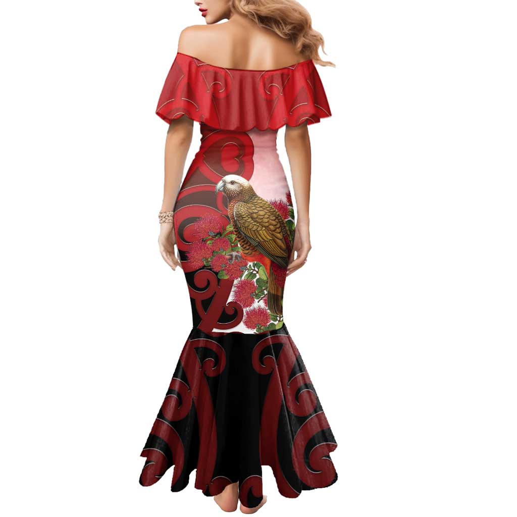 New Zealand Parrot Kaka Mermaid Dress Maori Koru With Pohutukawa Flowers LT05 - Polynesian Pride