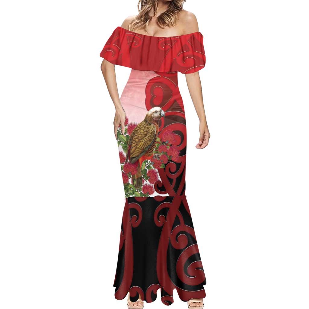 New Zealand Parrot Kaka Mermaid Dress Maori Koru With Pohutukawa Flowers LT05 - Polynesian Pride