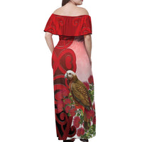 New Zealand Parrot Kaka Off Shoulder Maxi Dress Maori Koru With Pohutukawa Flowers LT05 - Polynesian Pride