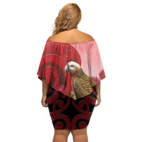 New Zealand Parrot Kaka Off Shoulder Short Dress Maori Koru With Pohutukawa Flowers LT05 - Polynesian Pride
