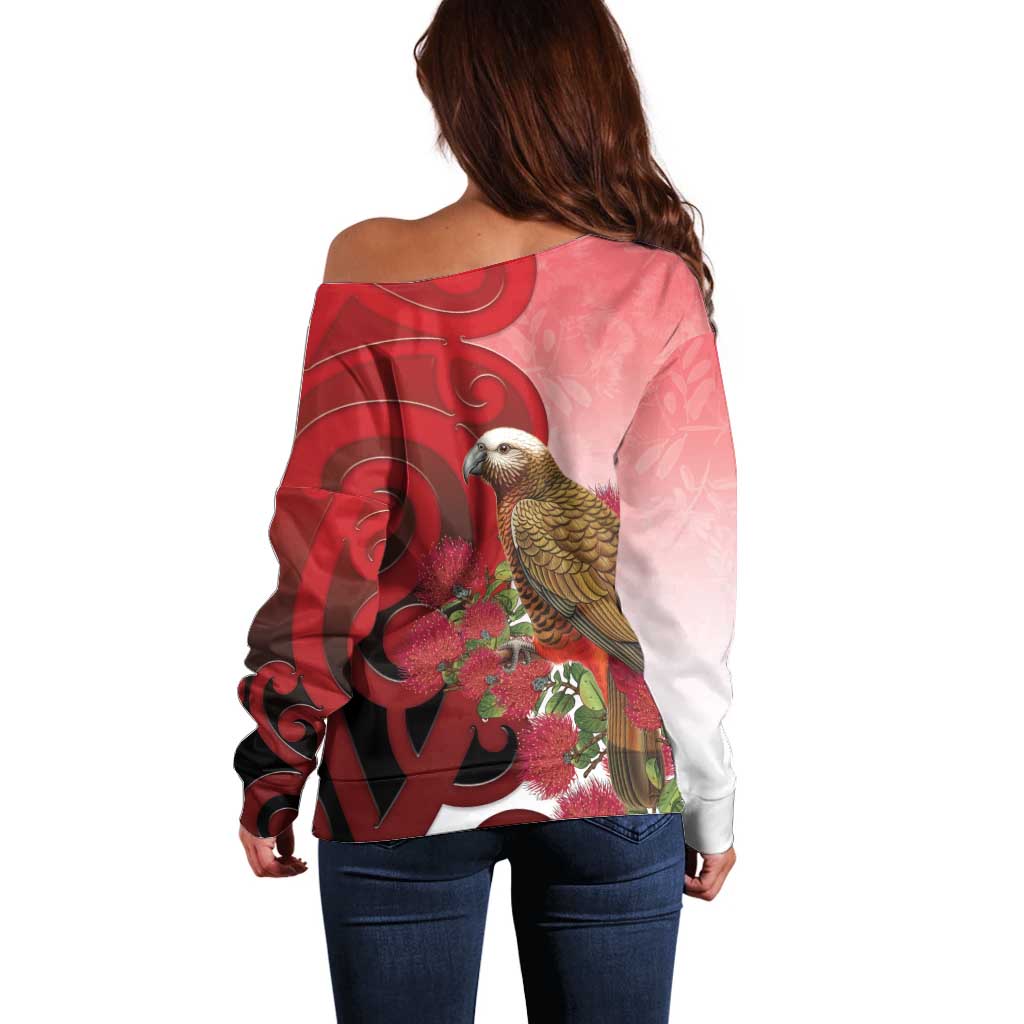 New Zealand Parrot Kaka Off Shoulder Sweater Maori Koru With Pohutukawa Flowers LT05 - Polynesian Pride