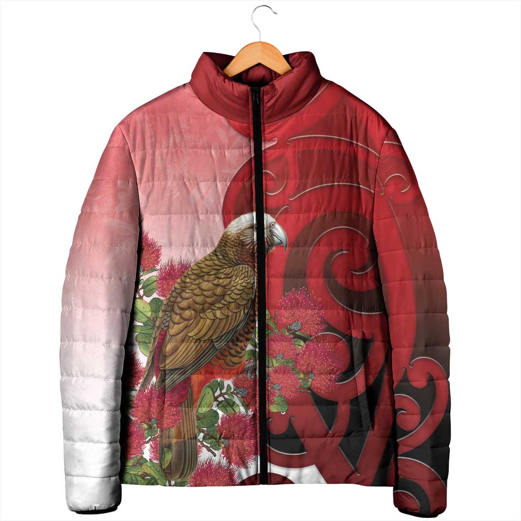 New Zealand Parrot Kaka Padded Jacket Maori Koru With Pohutukawa Flowers - Polynesian Pride