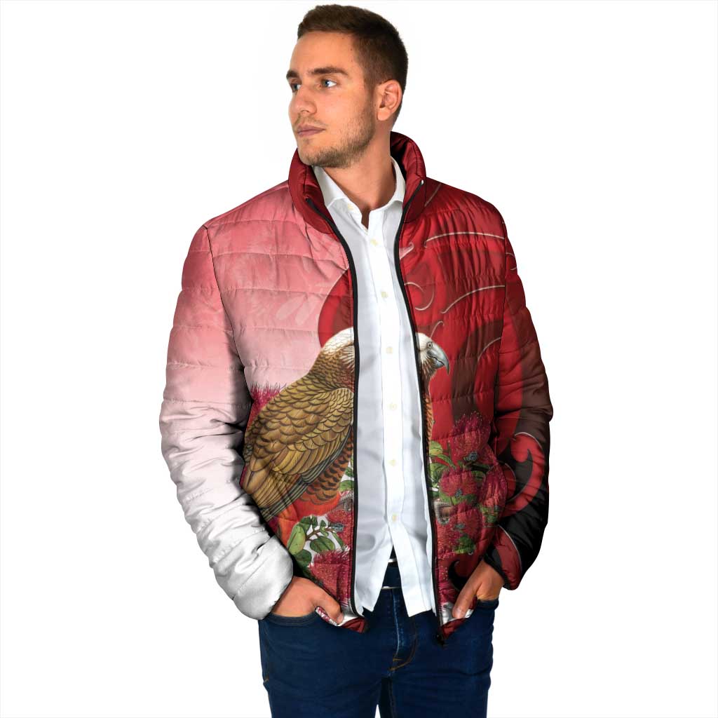 New Zealand Parrot Kaka Padded Jacket Maori Koru With Pohutukawa Flowers - Polynesian Pride