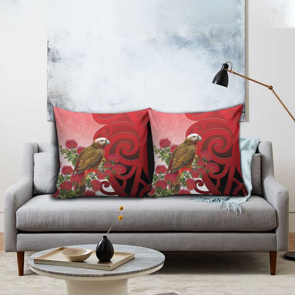 New Zealand Parrot Kaka Pillow Cover Maori Koru With Pohutukawa Flowers LT05 - Polynesian Pride