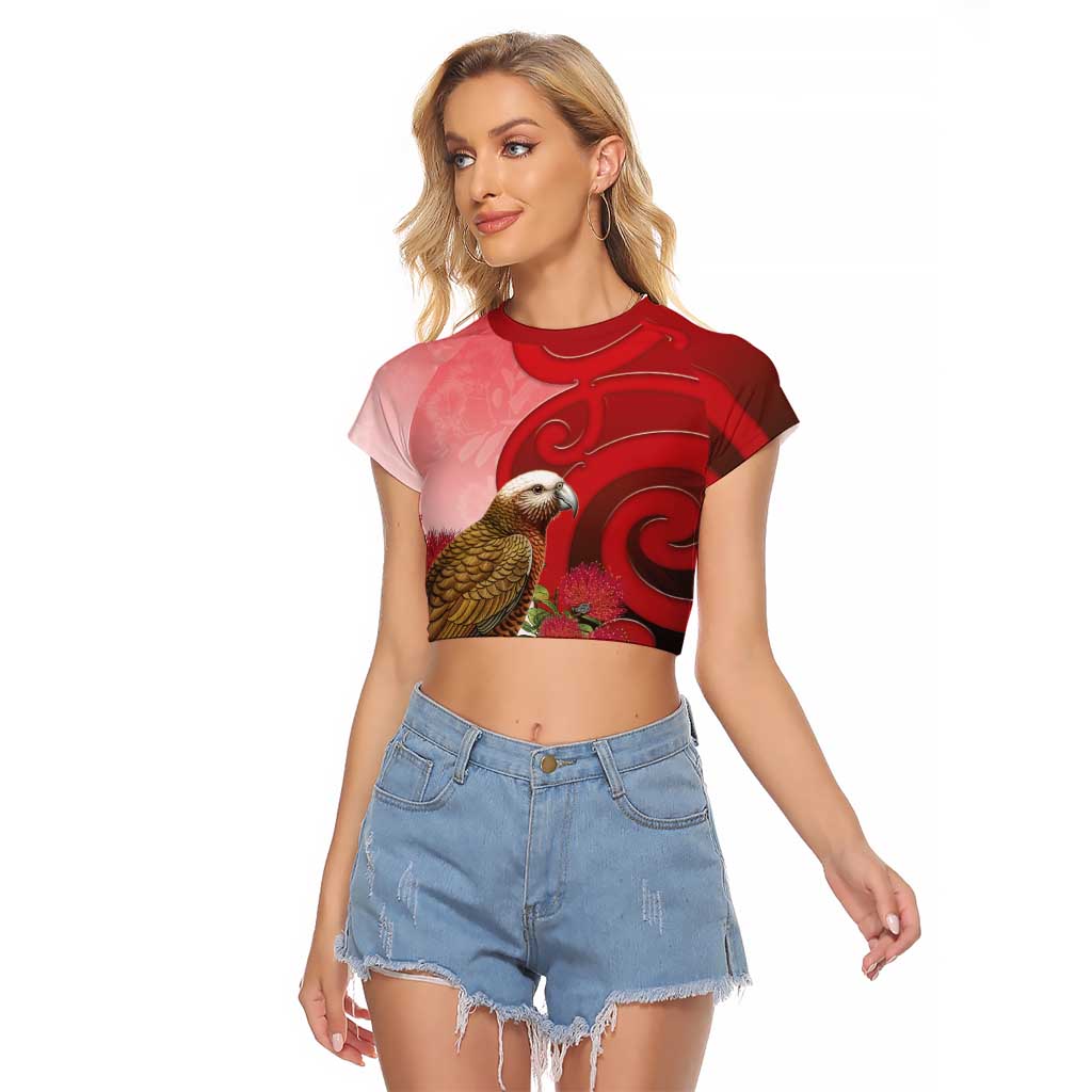 New Zealand Parrot Kaka Raglan Cropped T Shirt Maori Koru With Pohutukawa Flowers LT05 Female Red - Polynesian Pride