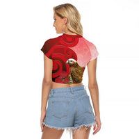 New Zealand Parrot Kaka Raglan Cropped T Shirt Maori Koru With Pohutukawa Flowers LT05 - Polynesian Pride