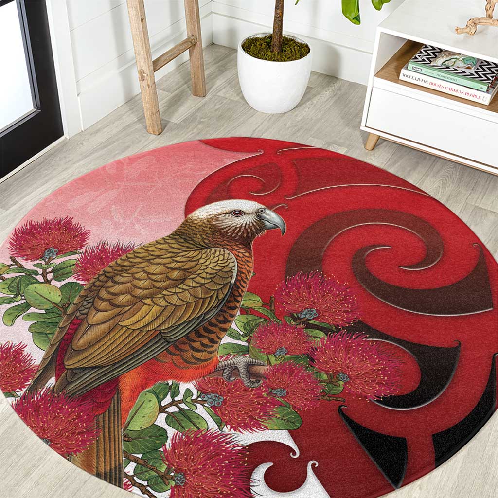 New Zealand Parrot Kaka Round Carpet Maori Koru With Pohutukawa Flowers - Polynesian Pride
