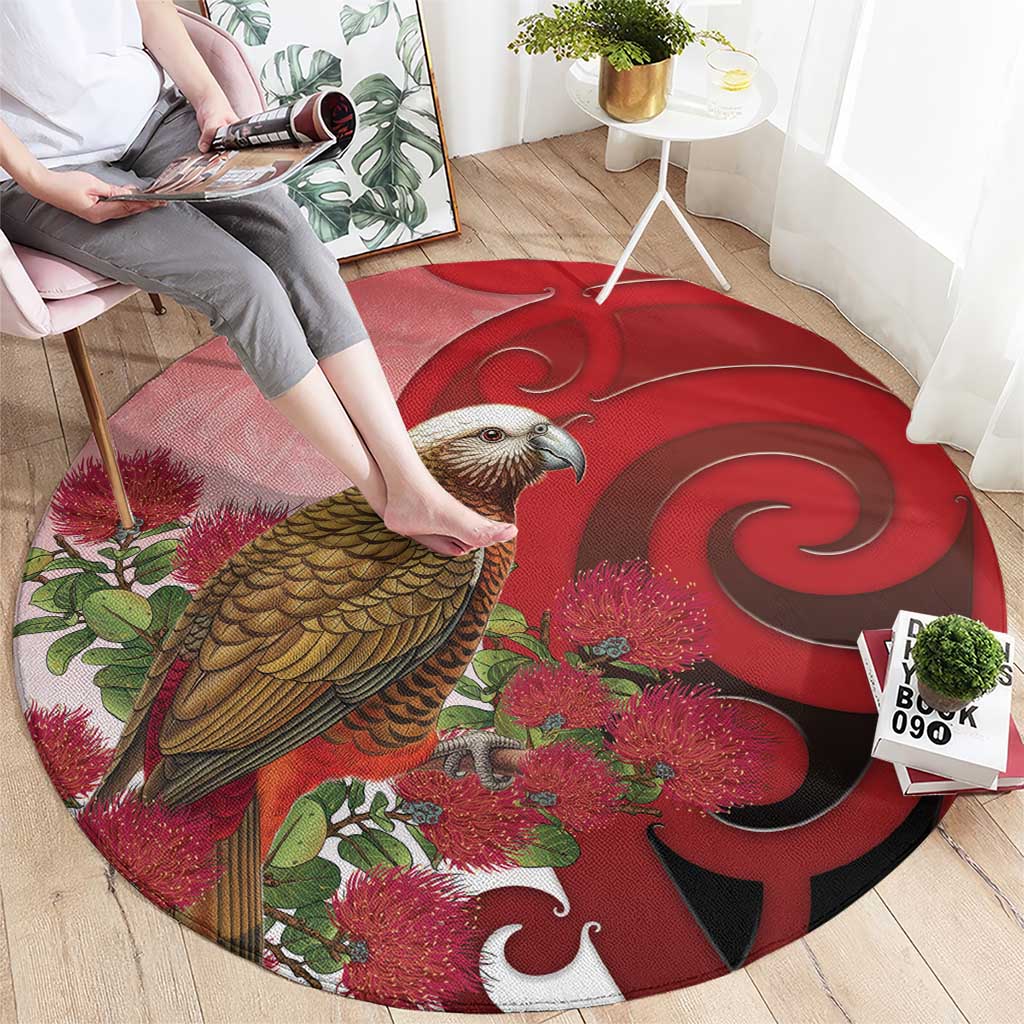 New Zealand Parrot Kaka Round Carpet Maori Koru With Pohutukawa Flowers - Polynesian Pride