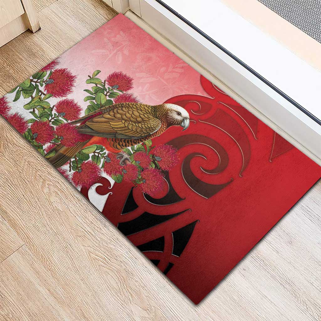 New Zealand Parrot Kaka Rubber Doormat Maori Koru With Pohutukawa Flowers LT05 - Polynesian Pride