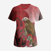 New Zealand Parrot Kaka Scrub Top Maori Koru With Pohutukawa Flowers - Polynesian Pride
