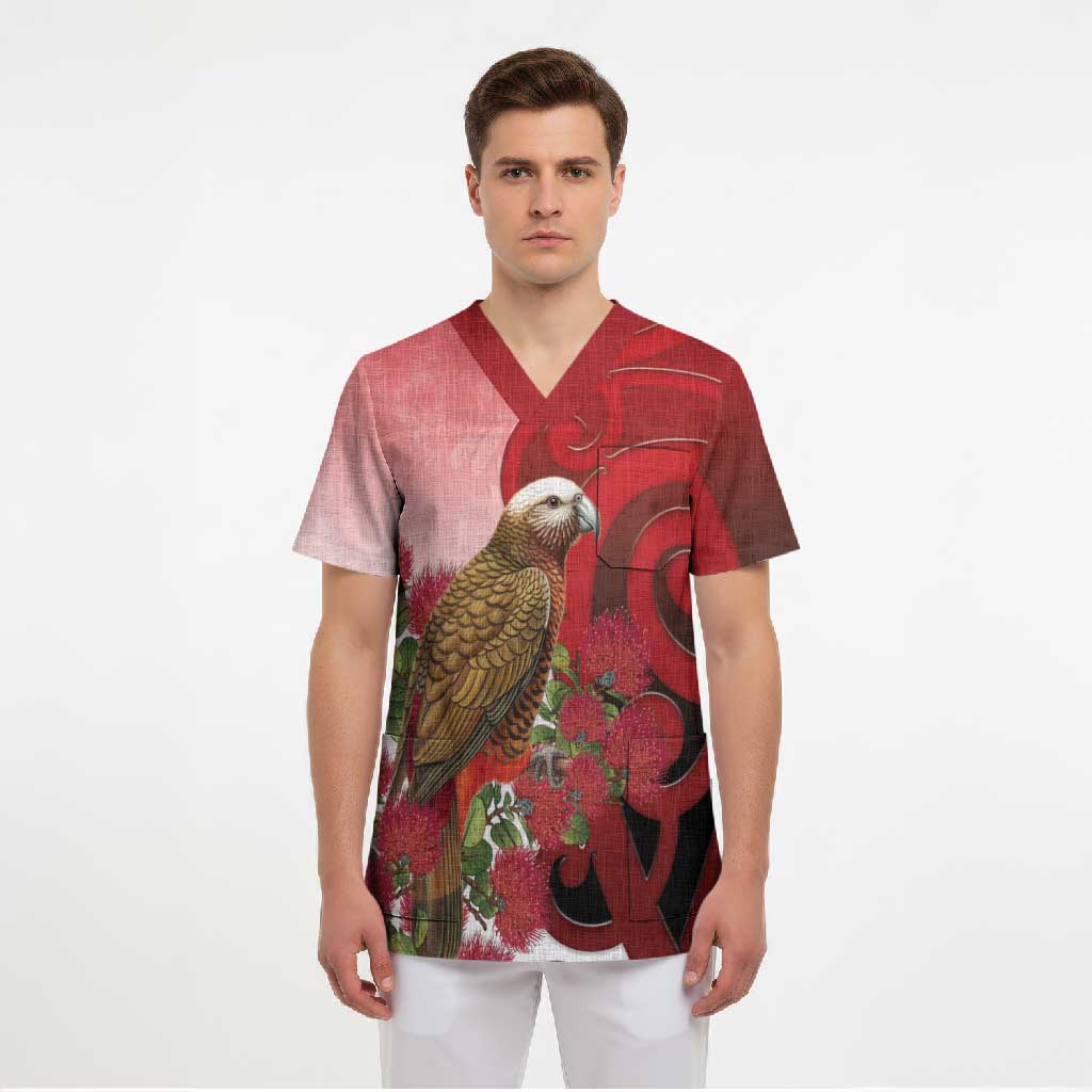 New Zealand Parrot Kaka Scrub Top Maori Koru With Pohutukawa Flowers - Polynesian Pride