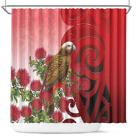New Zealand Parrot Kaka Shower Curtain Maori Koru With Pohutukawa Flowers LT05 Red - Polynesian Pride