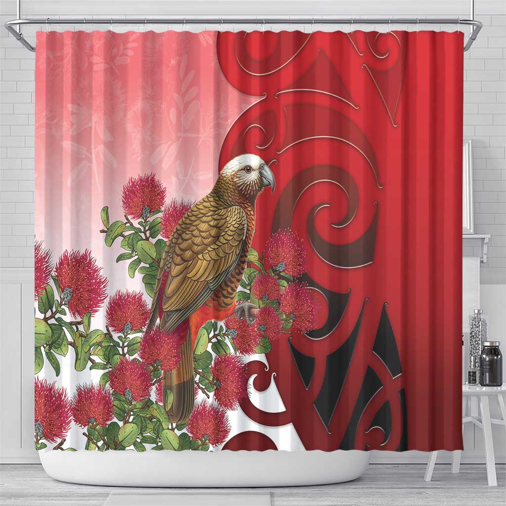 New Zealand Parrot Kaka Shower Curtain Maori Koru With Pohutukawa Flowers LT05 - Polynesian Pride