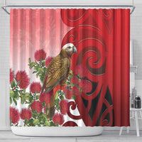 New Zealand Parrot Kaka Shower Curtain Maori Koru With Pohutukawa Flowers LT05 - Polynesian Pride
