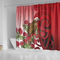 New Zealand Parrot Kaka Shower Curtain Maori Koru With Pohutukawa Flowers LT05 - Polynesian Pride