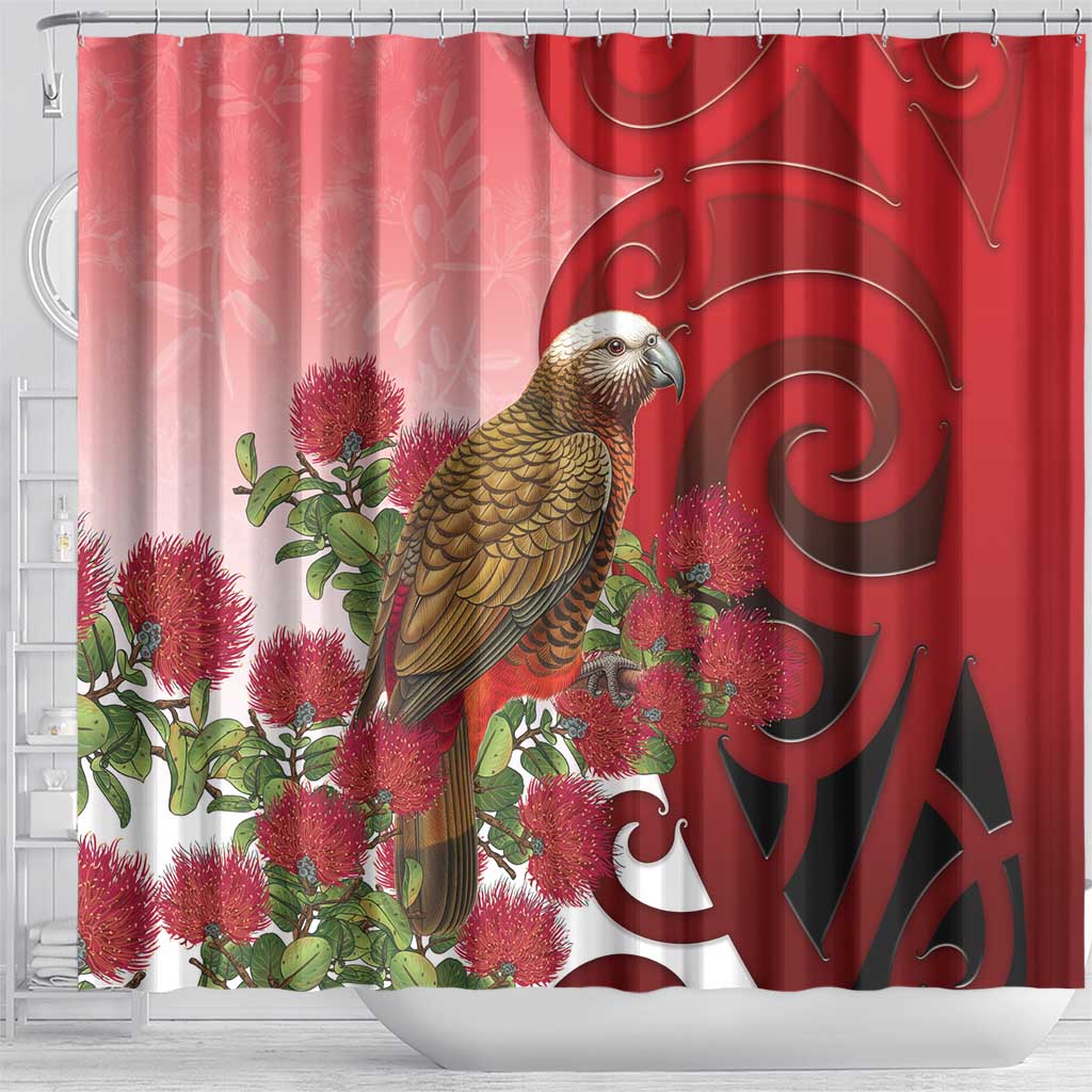 New Zealand Parrot Kaka Shower Curtain Maori Koru With Pohutukawa Flowers LT05 - Polynesian Pride