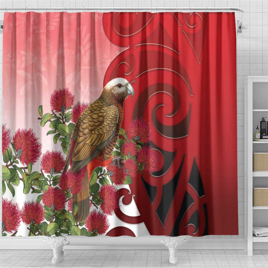 New Zealand Parrot Kaka Shower Curtain Maori Koru With Pohutukawa Flowers LT05 - Polynesian Pride