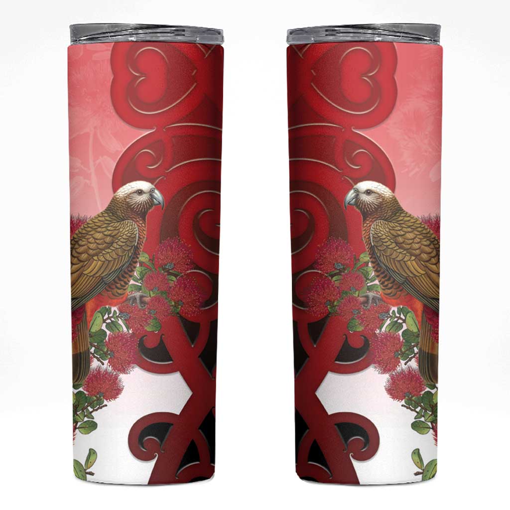 New Zealand Parrot Kaka Skinny Tumbler Maori Koru With Pohutukawa Flowers - Polynesian Pride