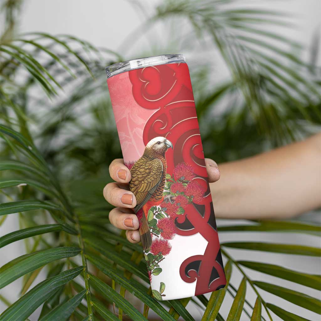 New Zealand Parrot Kaka Skinny Tumbler Maori Koru With Pohutukawa Flowers LT05 - Polynesian Pride