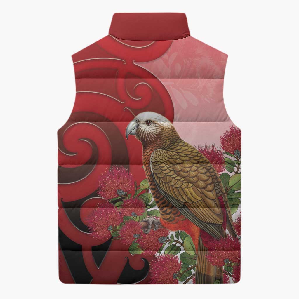 New Zealand Parrot Kaka Sleeveless Puffer Jacket Maori Koru With Pohutukawa Flowers LT05 - Polynesian Pride