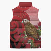 New Zealand Parrot Kaka Sleeveless Puffer Jacket Maori Koru With Pohutukawa Flowers LT05 - Polynesian Pride