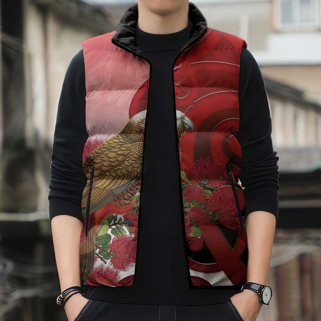 New Zealand Parrot Kaka Sleeveless Puffer Jacket Maori Koru With Pohutukawa Flowers LT05 - Polynesian Pride